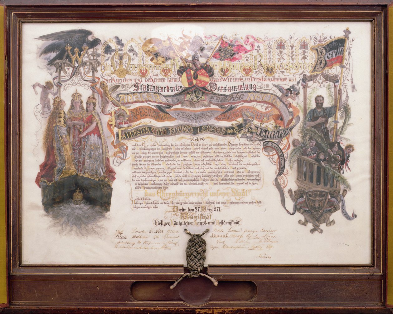 Brev, der indrømmer en frimand fra Berlin, 27. marts 1871 (blæk, akvarel og bladguld på papir) af Adolph Menzel