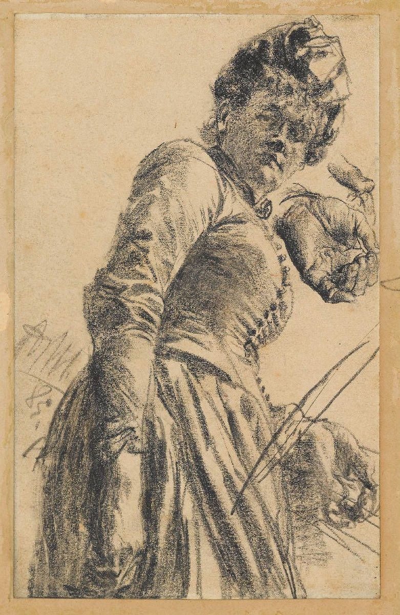 Modelundersøgelse af en kvinde i hat af Adolph Menzel