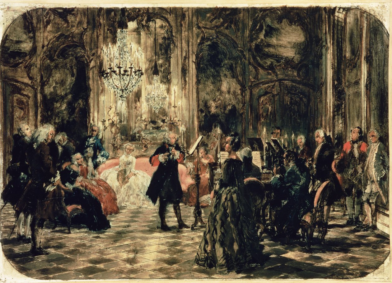 Skitse til fløjtekoncerten, 1852 (pen og blæk og wc på papir) af Adolph Menzel