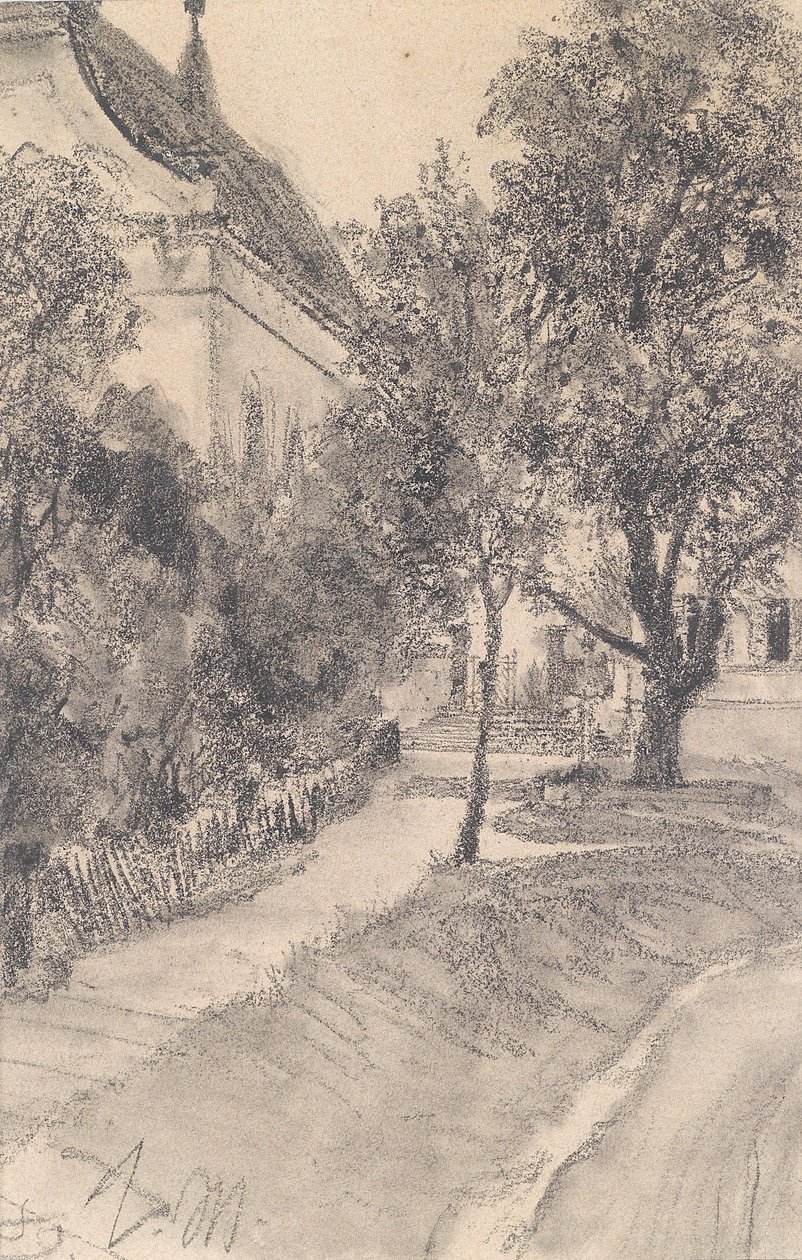 Gå til et hus langs en å af Adolph Menzel