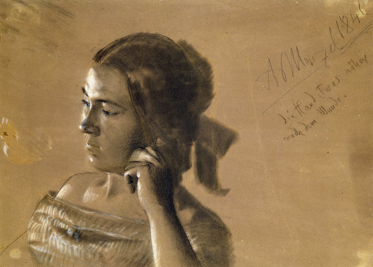 Studie til et portræt af fru Von Maercker, 1846 (kridt og trækul på papir) af Adolph Menzel