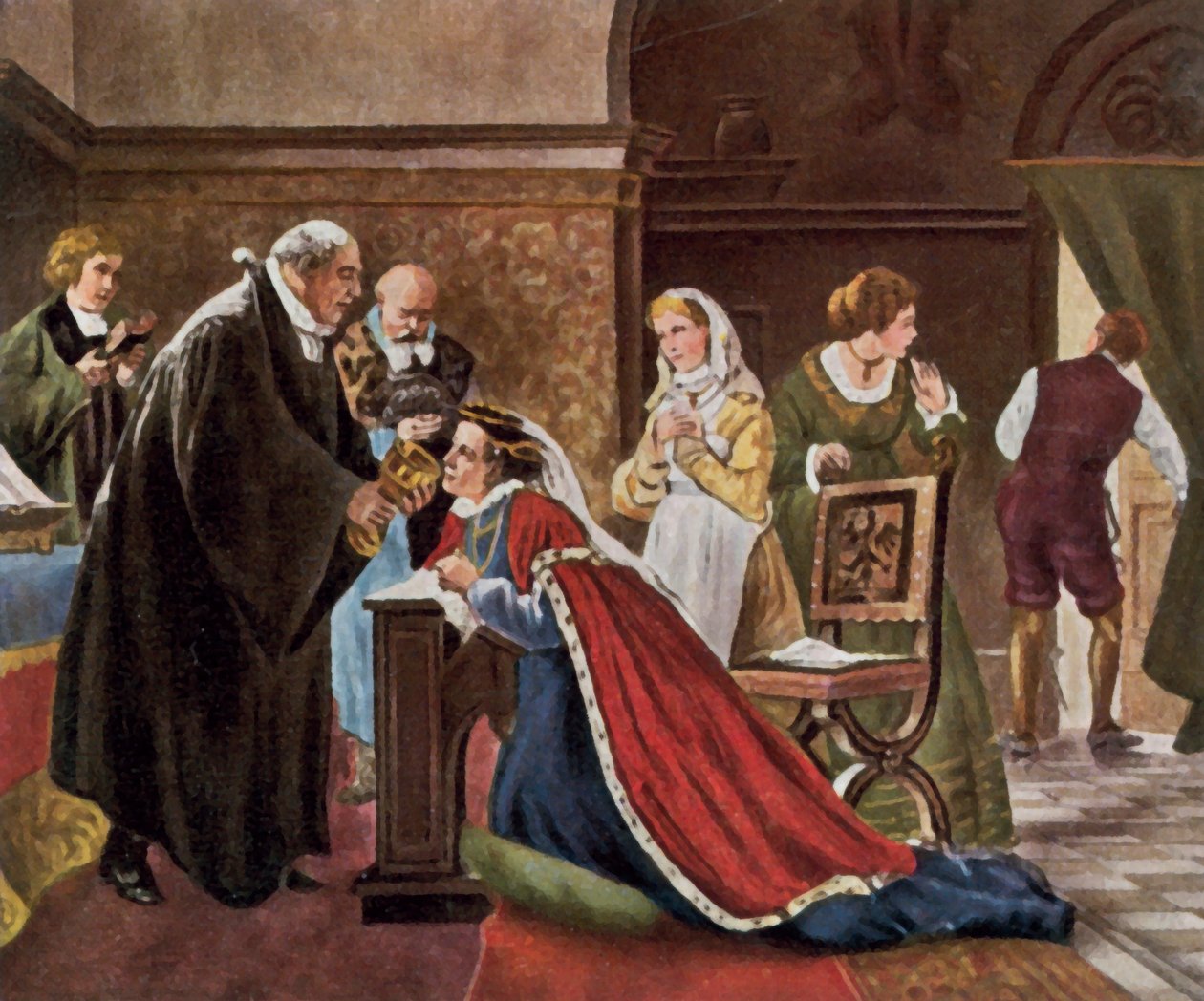 Kurfyrstinde Elisabeth går til alters efter protestantisk ritual (forstærket farvelitografi) af Adolph (after) Treidler