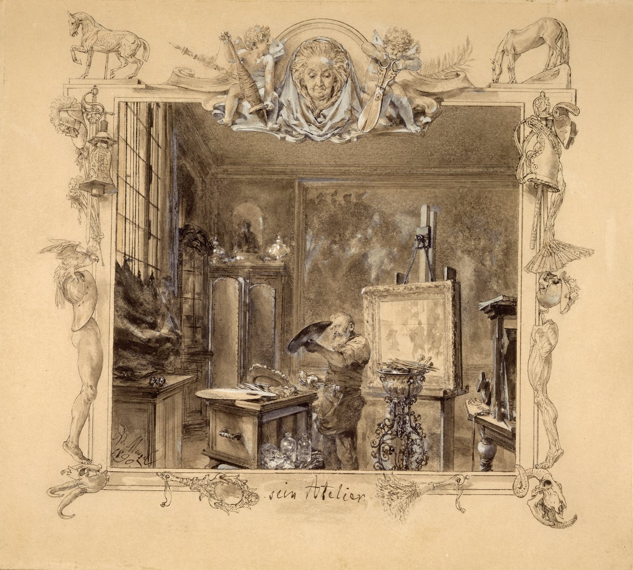 His Studio, 1890 (pen og blæk på papir) af Adolph Menzel