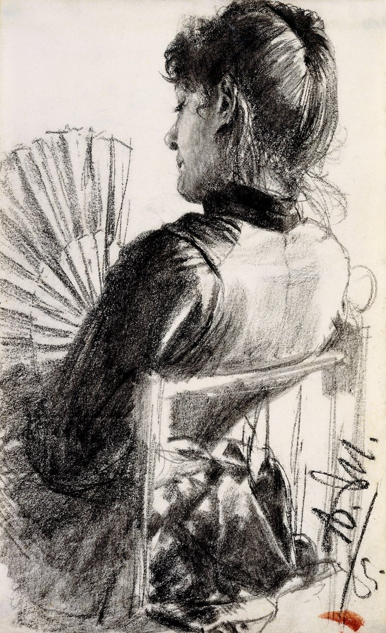Dame med en vifte, 1885 af Adolph Menzel