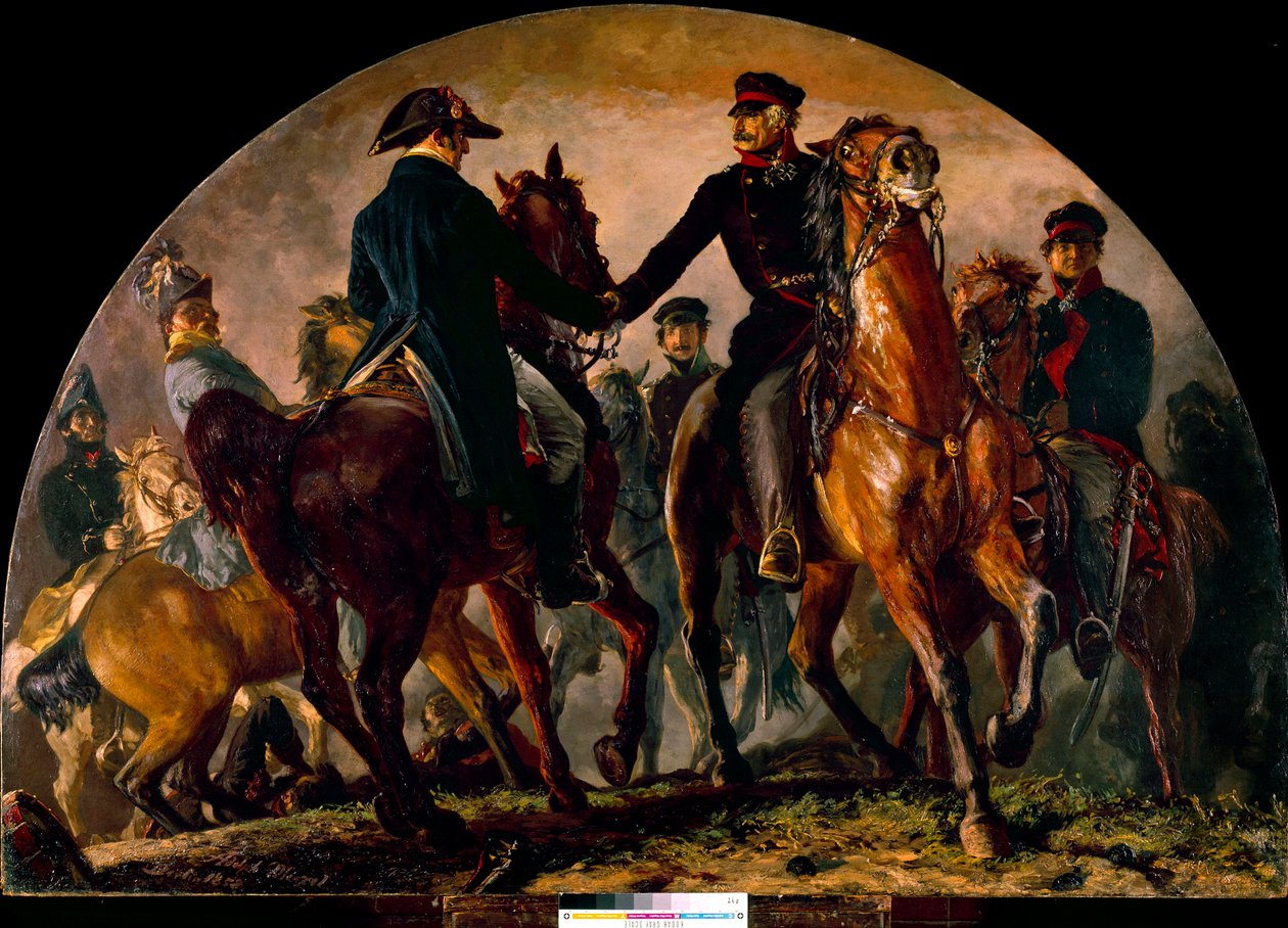 Møde mellem Gebhard Leberecht von Blucher (1742-1819) og Arthur Wellesley Wellington (1769-1852), i slaget ved La Belle Alliance (1815). Maleri af Adolf Menzel (1815-1905) Ec. Alle af Adolph Menzel