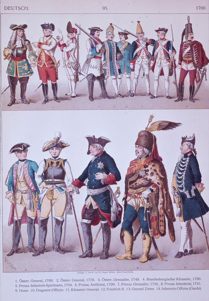 Preussiske grenaderer fra Frederik den Stores tid (farve litho) af Adolph Menzel