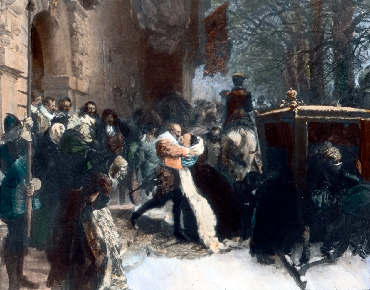 Den svenske kong Gustav Adolf byder sin kone, Maria Eleonora af Brandenburg velkommen (maleri) af Adolph Friedrich Erdmann von Menzel