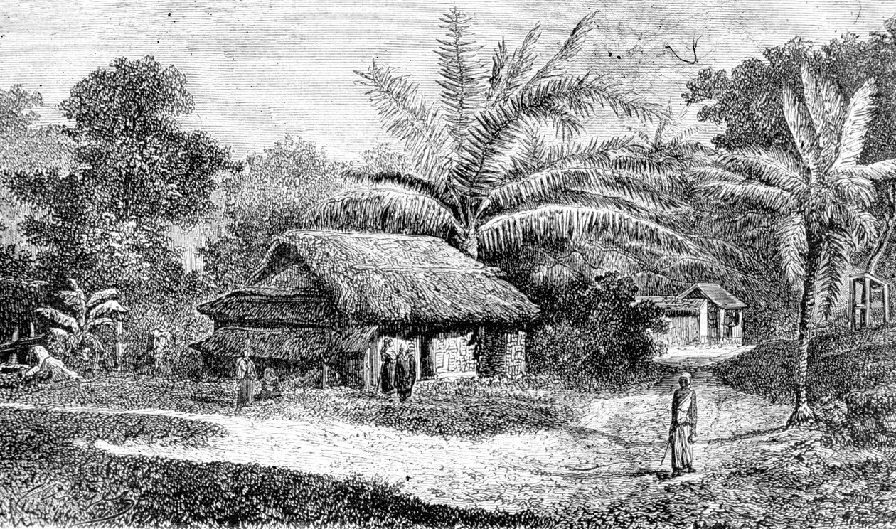 Landsby i Colombo-dalen, Sri Lanka (gravering) af Adolph Hermann & Robert (after) Schlagintweit