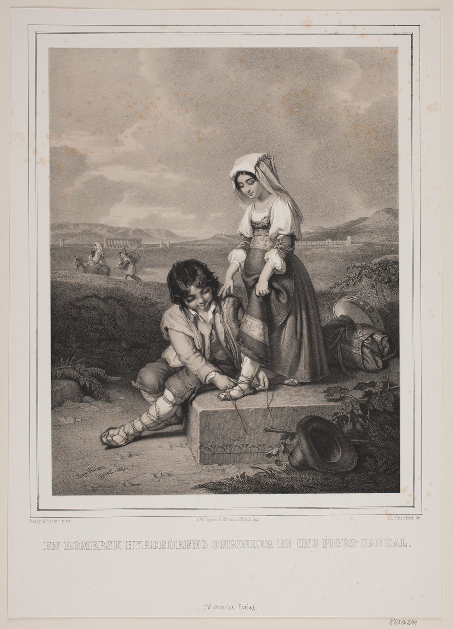 En romersk hyrdedreng ombinder en ung piges sandal. af Johan Adolph Kittendorff