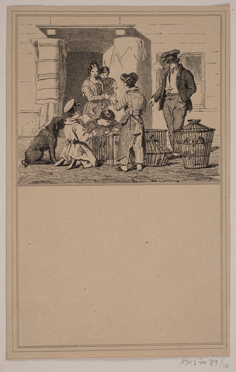 Fugle i fangenskab. Nr. 9 i Chr. Winther og M. Rørbye, "25 Billeder for små børn" af Johan Adolph Kittendorff