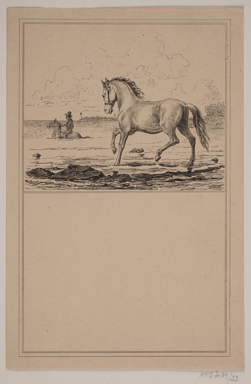 Hesten i vandet. Nr. 22 i Chr. Winther og M. Rørbye, "25 Billeder for små børn" af Johan Adolph Kittendorff