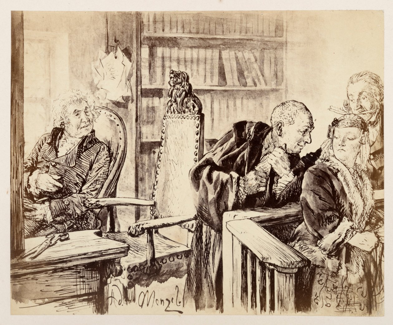Adam taler hemmeligt med Eve. Licht lytter. Justitsråden kalder Adam tilbage til dommersædet, til Heinrich von Kleists «Den sønderslåede krukke» af Adolph Menzel