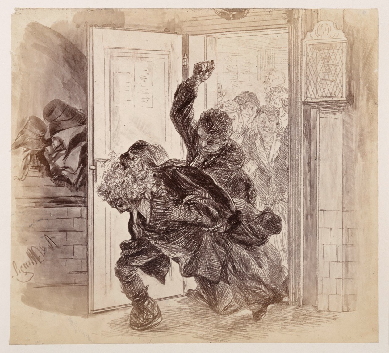Adam, der er blevet slået af Ruprecht, styrter ud af retssalen, mens Eva og de andre ser til i baggrunden, til Heinrich von Kleists »Den knuste krukke« af Adolph Menzel