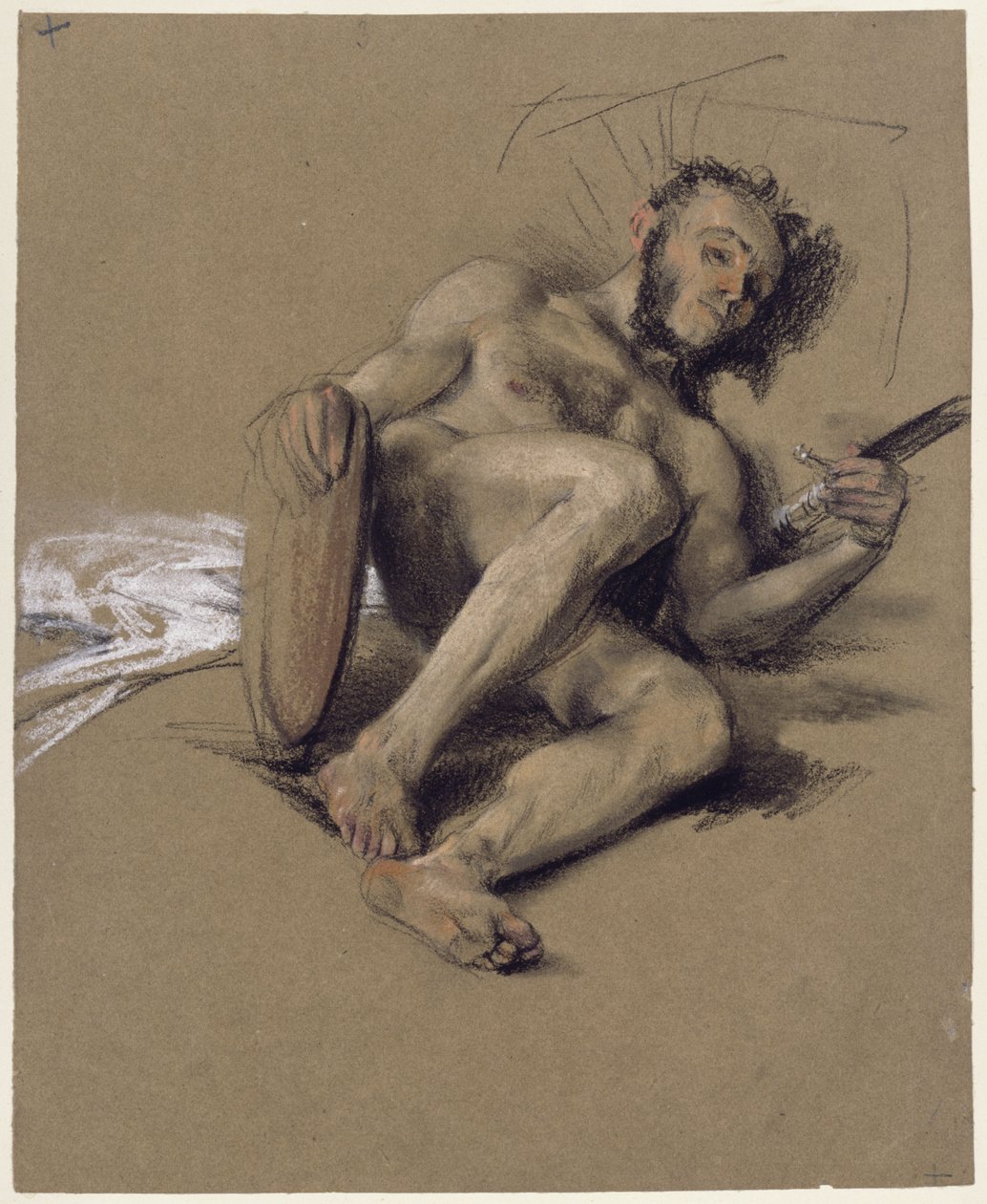 Aktstudie, skægget mand, der hviler på gulvet til venstre med sværd og skjold i hænderne; studie til en hilsen i anledning af kronprinsens myndighedsalder i 1850 af Adolph Menzel