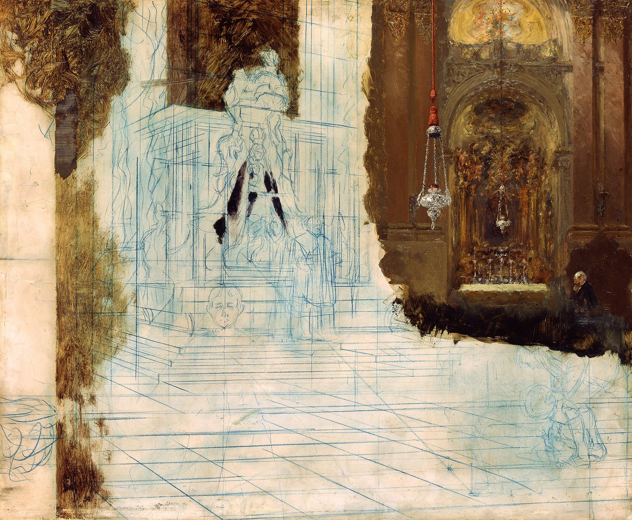 Alter i en barokkirke. Ufuldendt af Adolph Menzel