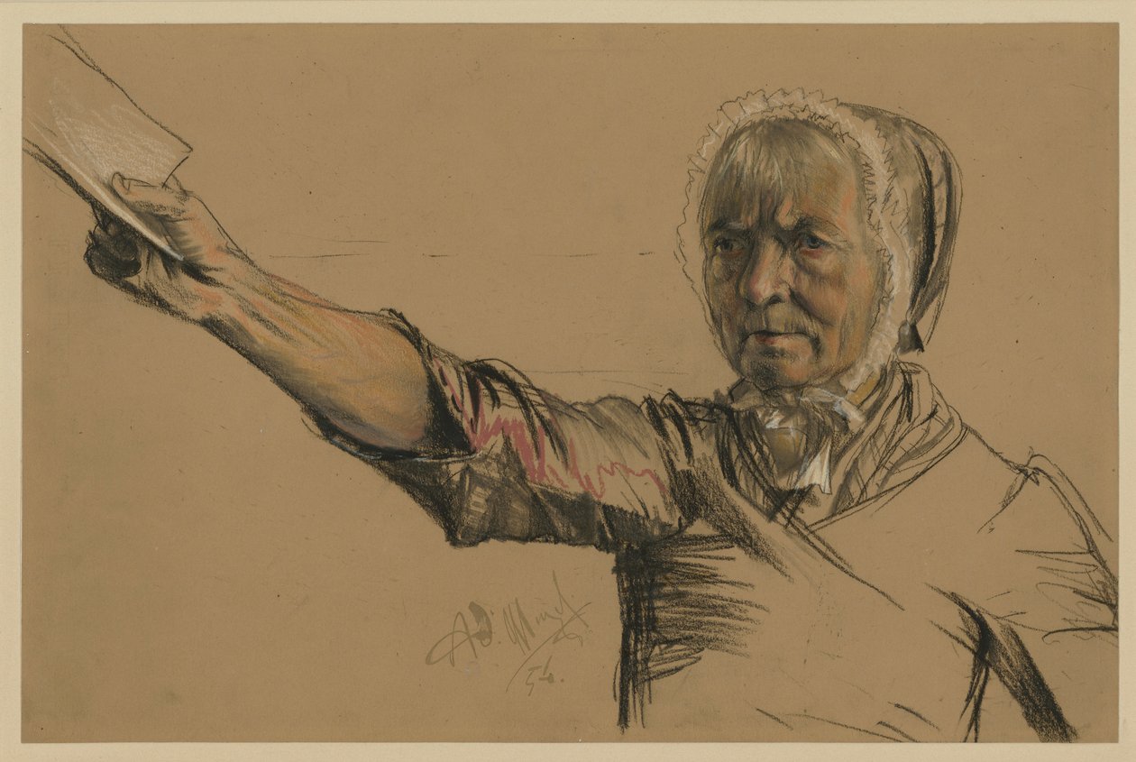 Gammel kvinde, der med højre hånd rækker en bønneskrivelse frem af Adolph Menzel