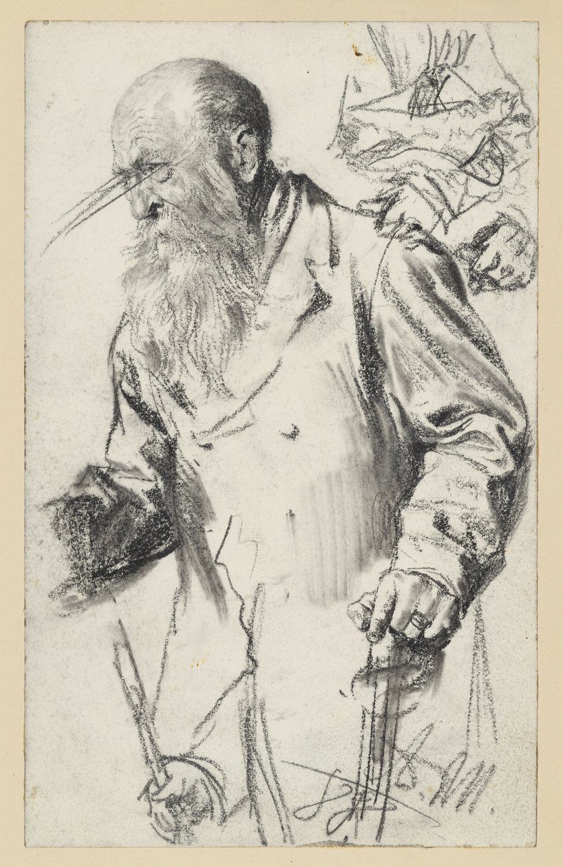 En ældre, skægget mand i nederdel ved en pind, nogle detaljer gentages af Adolph Menzel