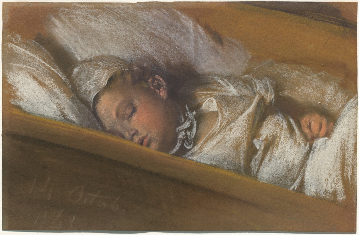 Et spædbarn sover i sin krybbe af Adolph Menzel