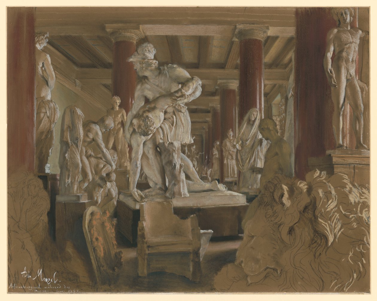 Opbevaringssal for gipsafstøbninger under opførelsen af det nye museum i Altes Museum af Adolph Menzel