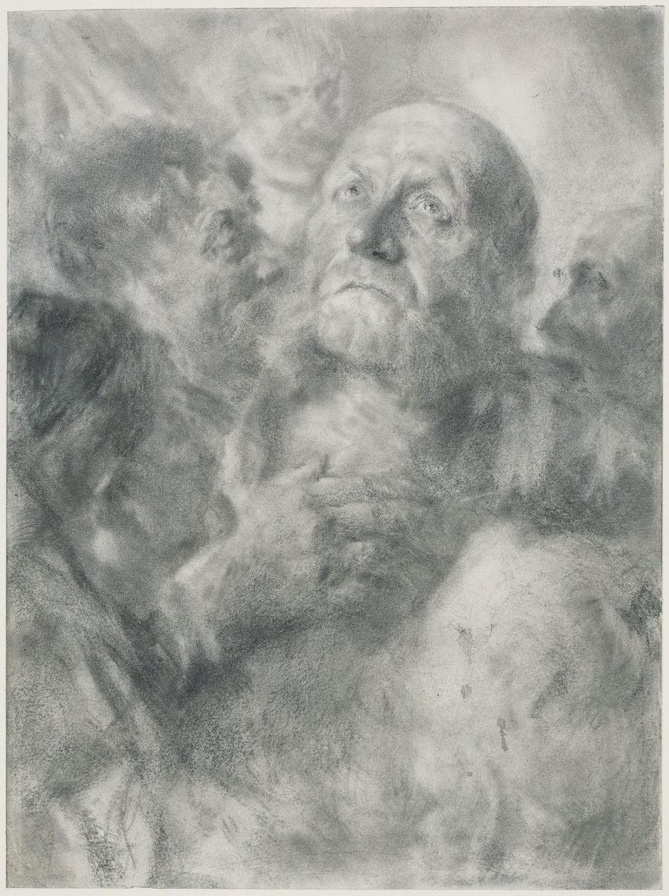 En ældre mand, der ser op, og fire ansigter af Adolph Menzel