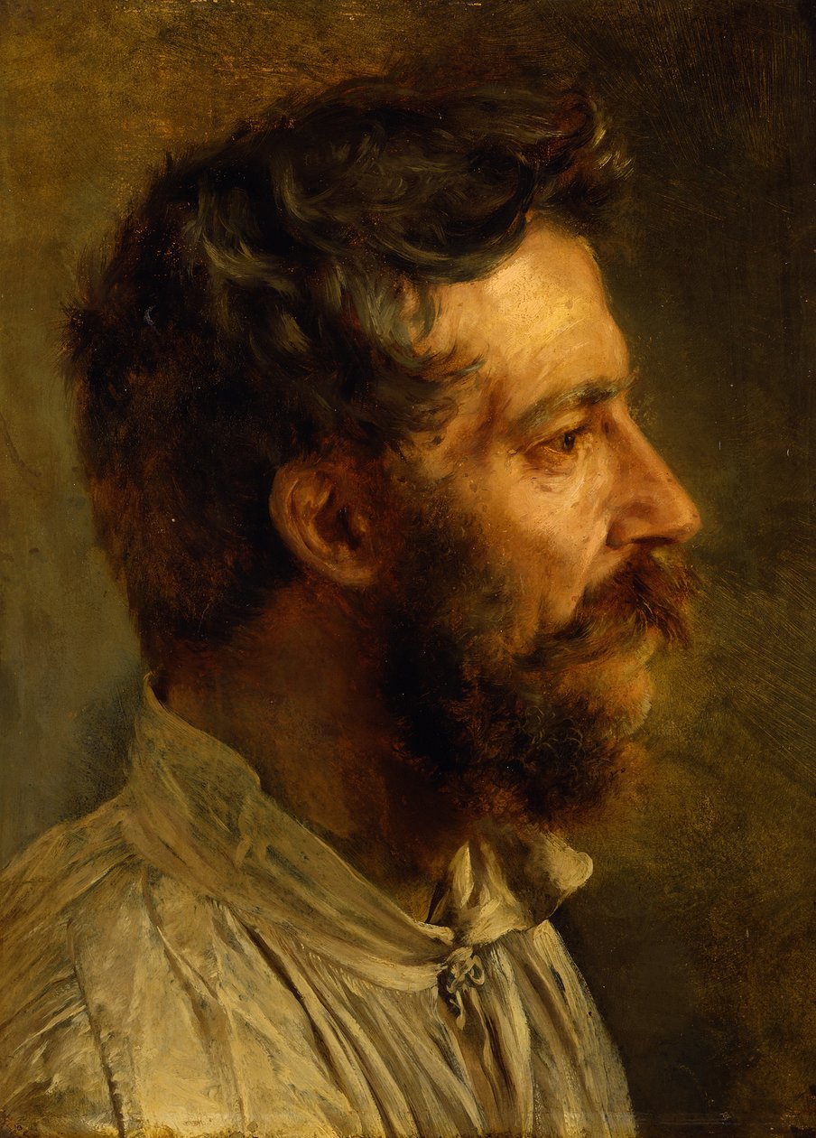 Et skægget arbejderhoved set i profil af Adolph Menzel