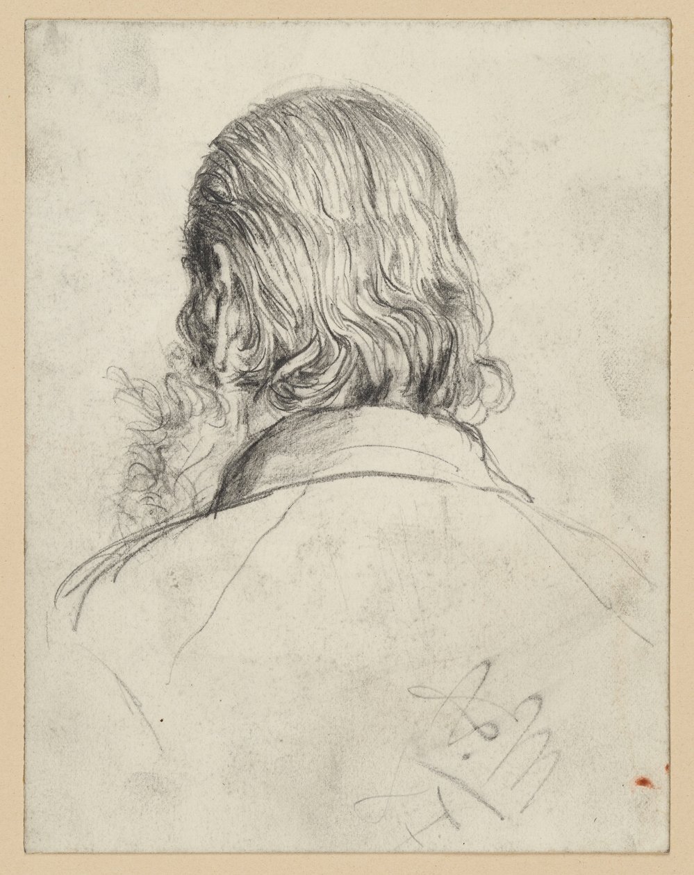 Skægget hoved med langt hår, set bagfra af Adolph Menzel