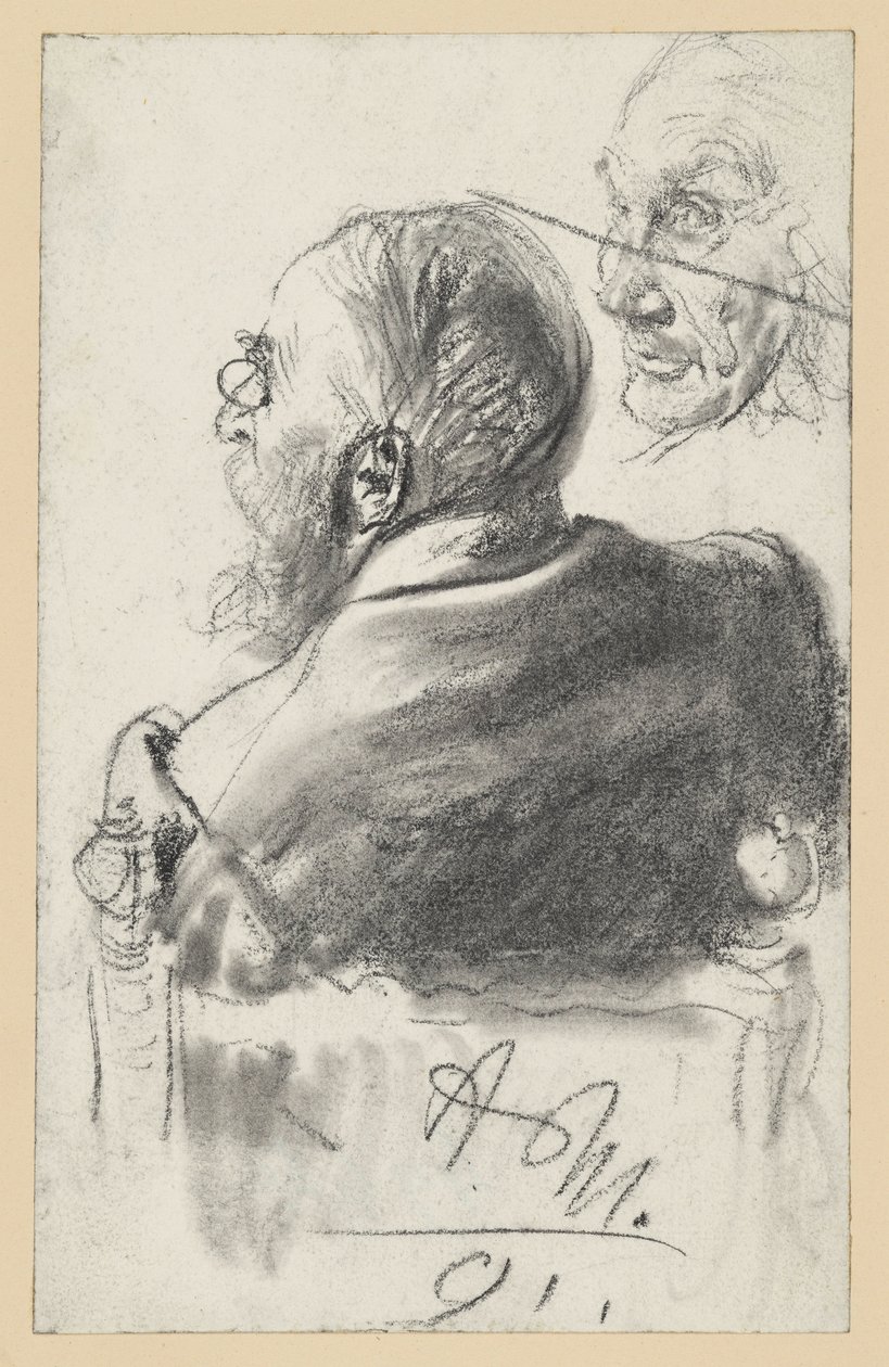 Skægget mand med næseklemme siddende i en lænestol, set bagfra, ansigt af en gammel mand af Adolph Menzel