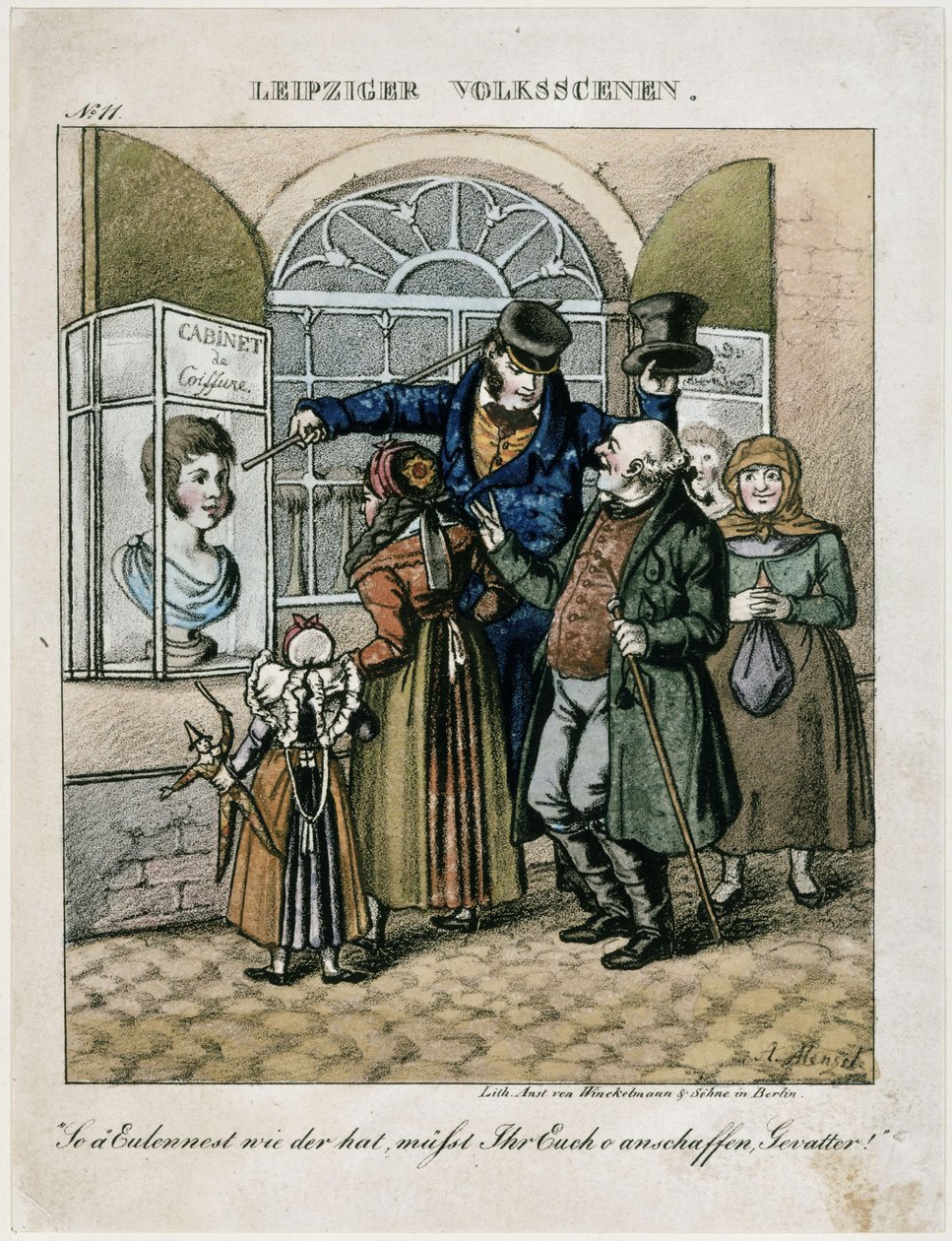 Bønder foran en frisørs voksbuste. Fra: Folkescener fra Leipzig af Adolph Menzel