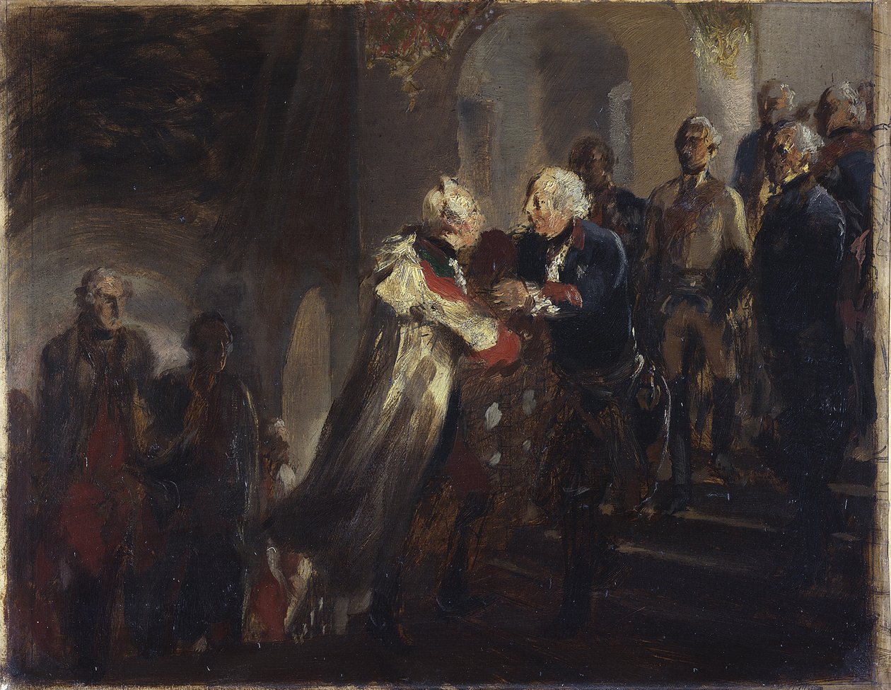 Møde mellem Frederik 2. og kejser Josef 2. i Nysa i 1769. Skitse af Adolph Menzel