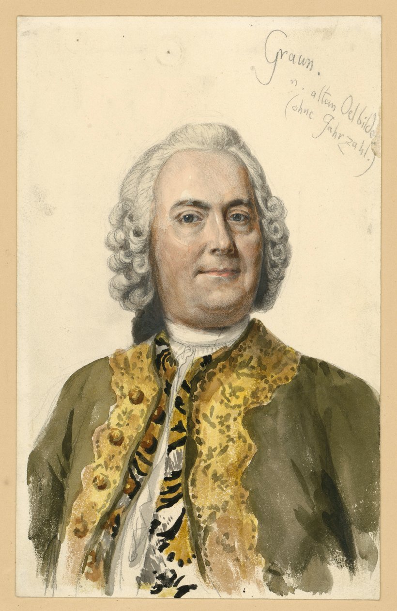 Portræt af Carl Heinrich Graun, hofkomponist under Frederik II, brystbillede set forfra efter maleriet af Andreas Möller, med noter af Adolph Menzel