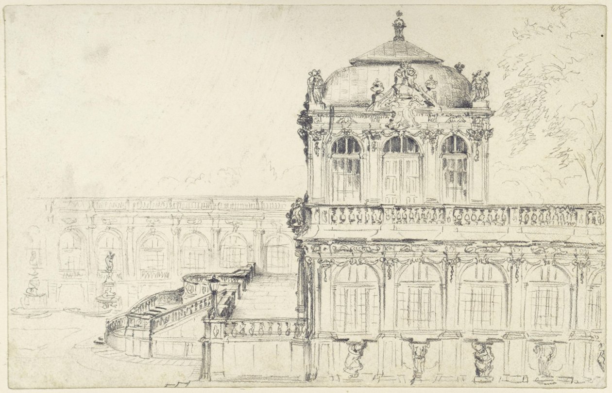 Udsigt over den smalle side af den matematisk-fysiske sal og den østlige langgalleri i Zwinger i Dresden af Adolph Menzel