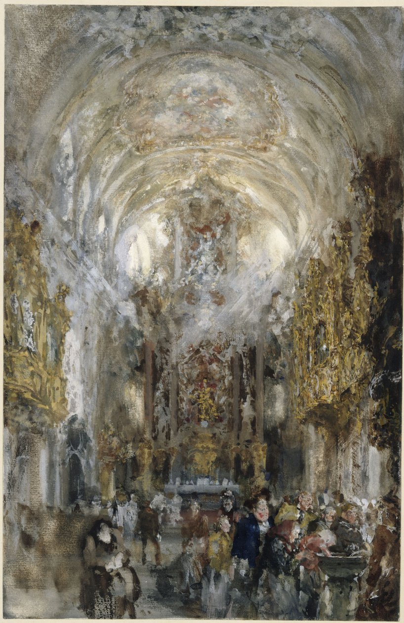 Indblik i Vor Frue stiftskirke ved Det Gamle Kapel i Regensburg, forrest til højre personer ved vievandsbassinet af Adolph Menzel
