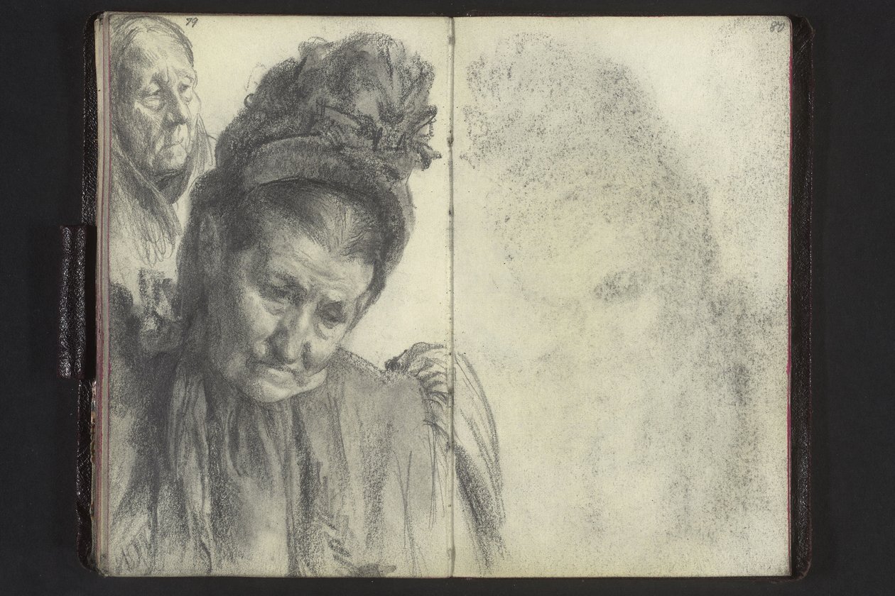 Buste af en gammel kvinde med hat, kvindehoved med tørklæde af Adolph Menzel