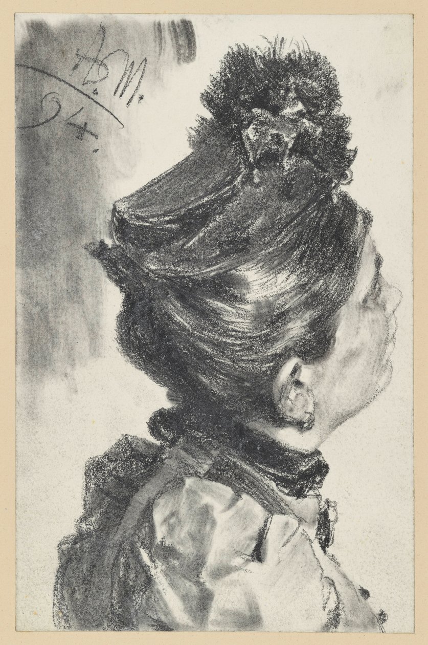 Buste af en opadskuende dame med hat, vendt mod højre af Adolph Menzel