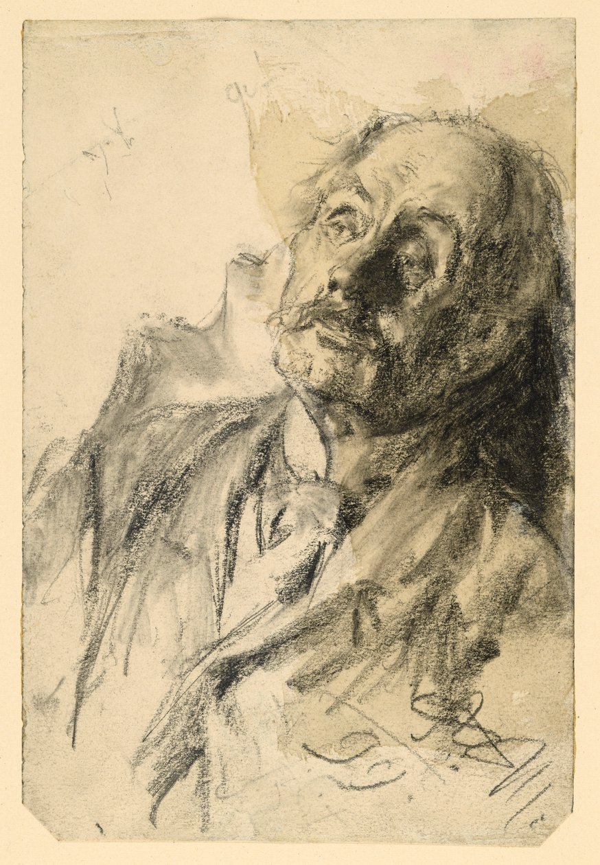 Brystbillede af en ældre mand med overskæg, der læner sig tilbage mod højre af Adolph Menzel
