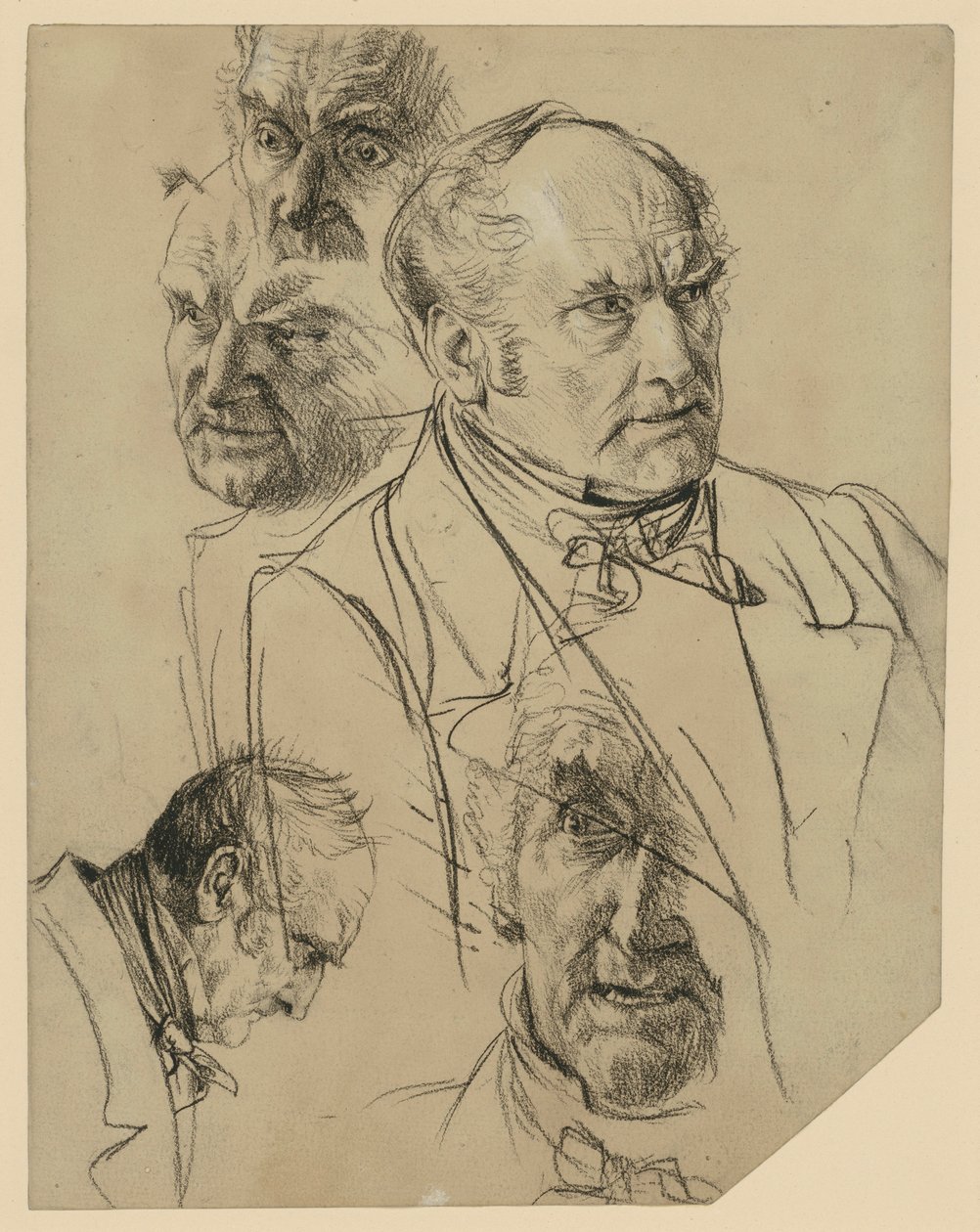 Brystbillede af en ældre mand set fra højre, fire hovedstudier af Adolph Menzel