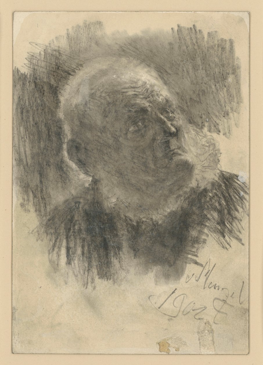 Brystbillede af en gammel mand med murerhue, der ser op mod højre af Adolph Menzel