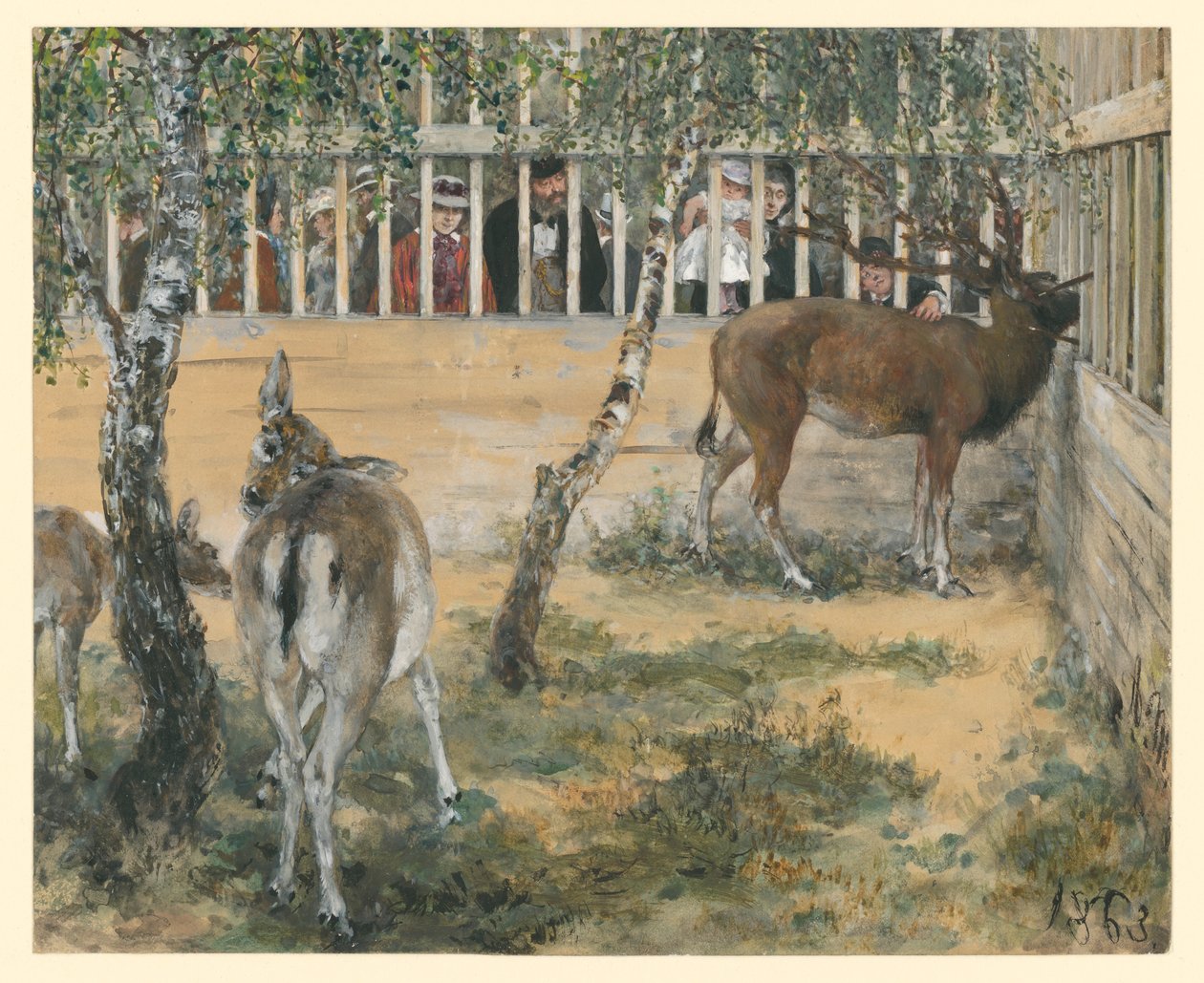 Damvildt i indhegningen. Fra »Børnealbummet« af Adolph Menzel
