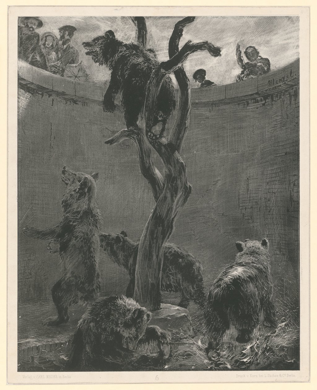 Bjørneindhegningen i Zoologisk Have. Ark 6 fra: Forsøg med pensel og skrabekniv, hæfte 1 af Adolph Menzel