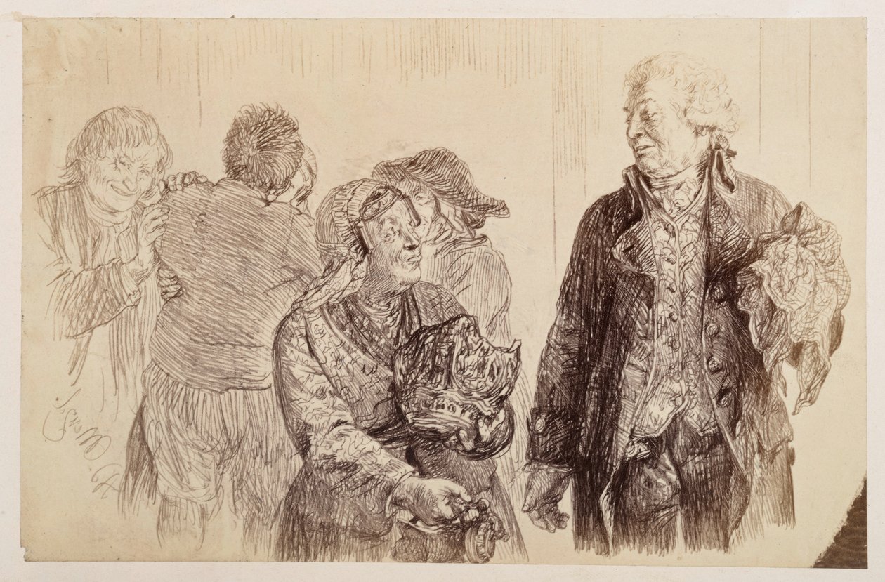 Retsråden, med lommetørklædet i højre hånd, udveksler de sidste ord med den surmulende Marthe. Bag Marthe udveksler Eve og Ruprecht forsoningskysset, til Heinrich von Kleists »Den knuste krukke« af Adolph Menzel