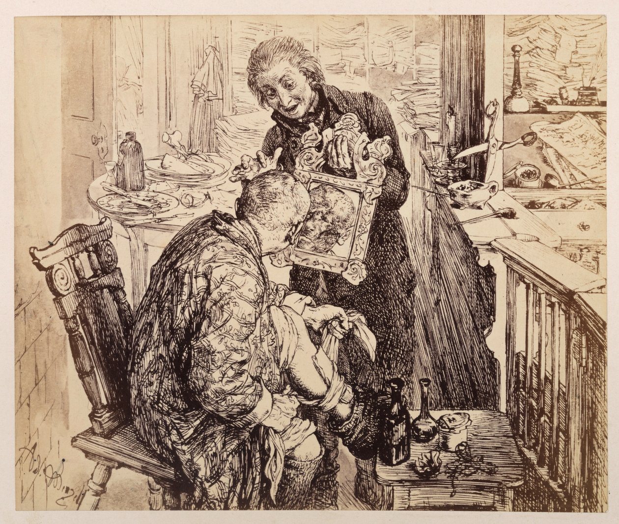 Skriveren Licht finder landsbydommer Adam i færd med at forbinde sit ben. Adam betragter sit forslåede ansigt i det spejl, som Licht holder op for ham, efter Heinrich von Kleists »Den knuste krukke« af Adolph Menzel