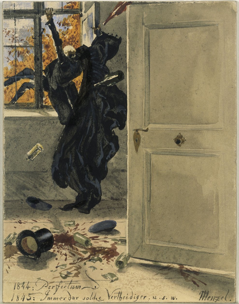 Døden som ubudne gæst. 1844: Perfectum; 1845: Altid sådanne forsvarere, osv. af Adolph Menzel