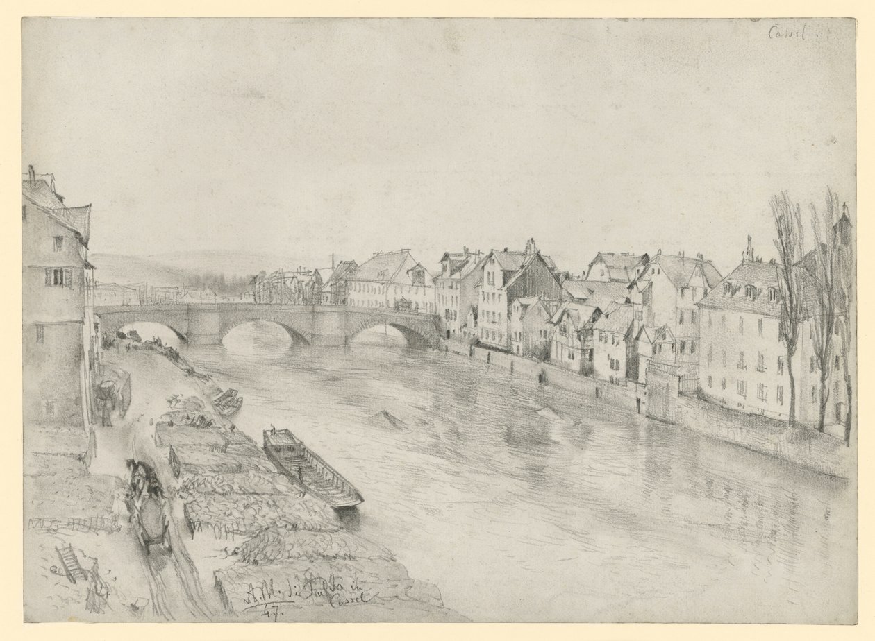 Fulda-floden i Kassel. Flodlandskab med bro og huse af Adolph Menzel