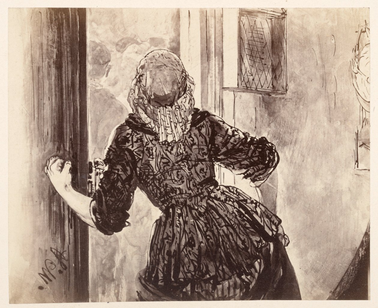 Tjenestepigen kommer, da Adam ringer; set bagfra, døren, højre hånd på dørhåndtaget, til Heinrich von Kleists »Den knækkede kande« af Adolph Menzel