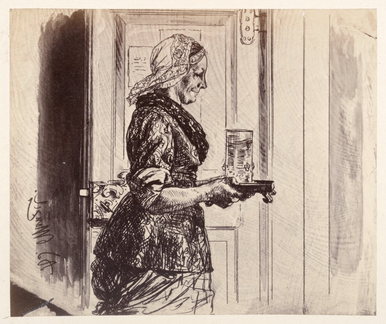 Tjenestepigen træder ind i retssalen med det glas vand, som Adam har bestilt, i Heinrich von Kleists »Den knuste kande« af Adolph Menzel