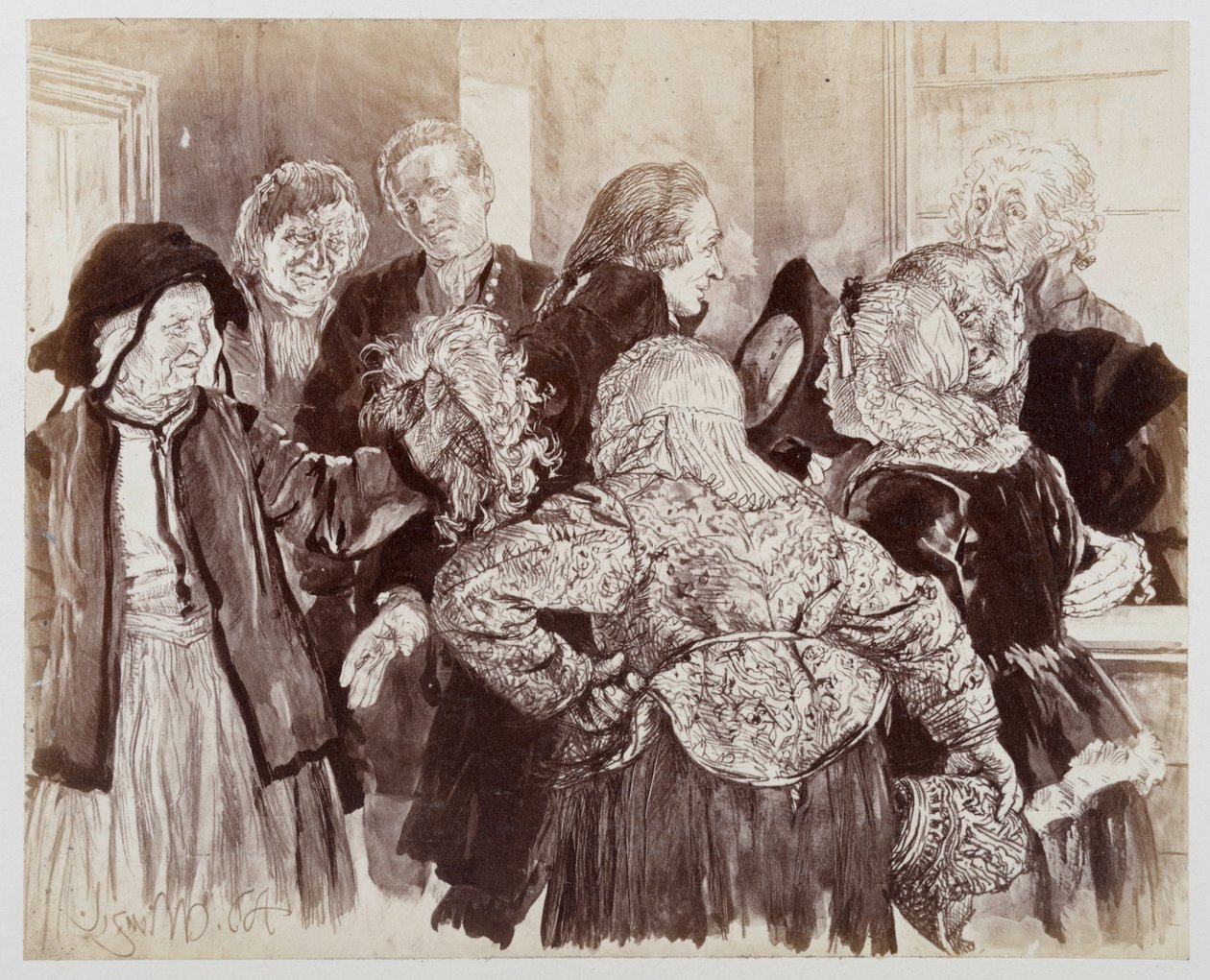 Den gamle Brigitte med parykken i retssalen. Licht trænger sig med hatten i hånden gennem parterne for at præsentere den gamle kvinde for retsråden, til Heinrich von Kleists "Den sønderslåede krukke" af Adolph Menzel