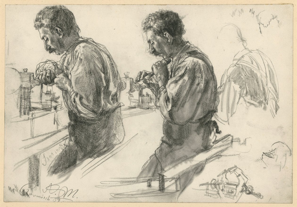 En drejer ved arbejdsbænken, to studier og detaljer af Adolph Menzel