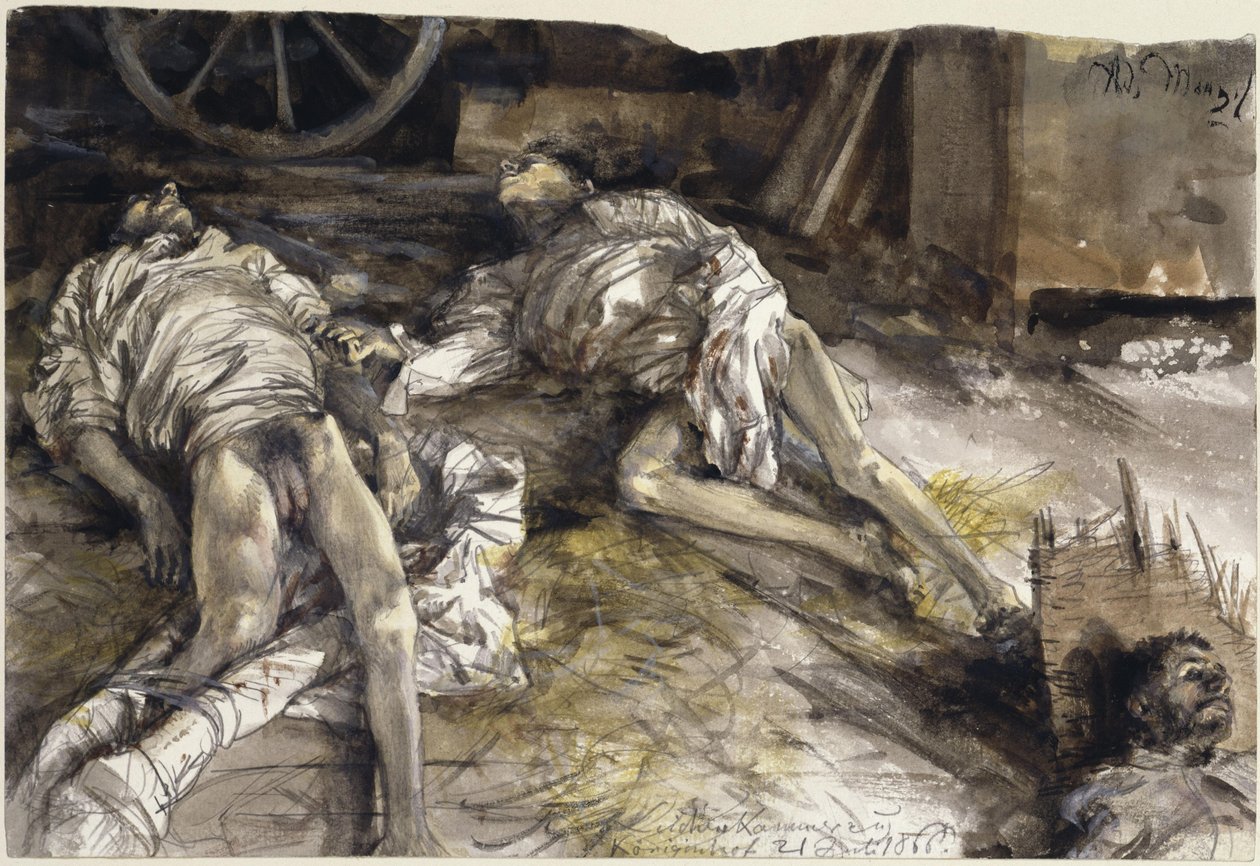 Tre faldne soldater i en lade - ligkammer i Königinhof af Adolph Menzel