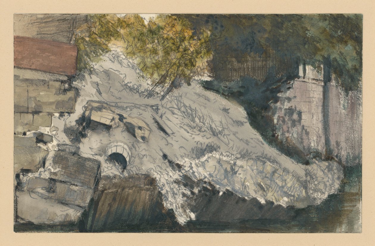 En skrænt, der er styrtet sammen ved et vandområde af Adolph Menzel