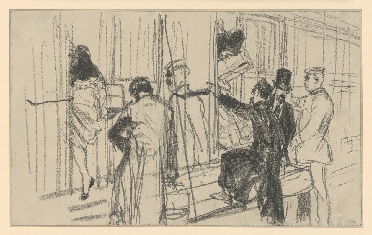 Påstigende jernbanerejsende og konduktør. Scene på perronen af Adolph Menzel